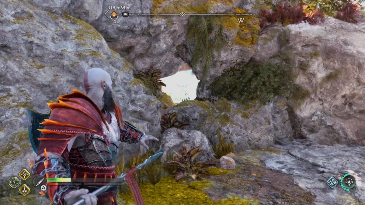 One of Odin's Ravens hides in a rock in the Bay of Bounty in God of War Ragnarok.